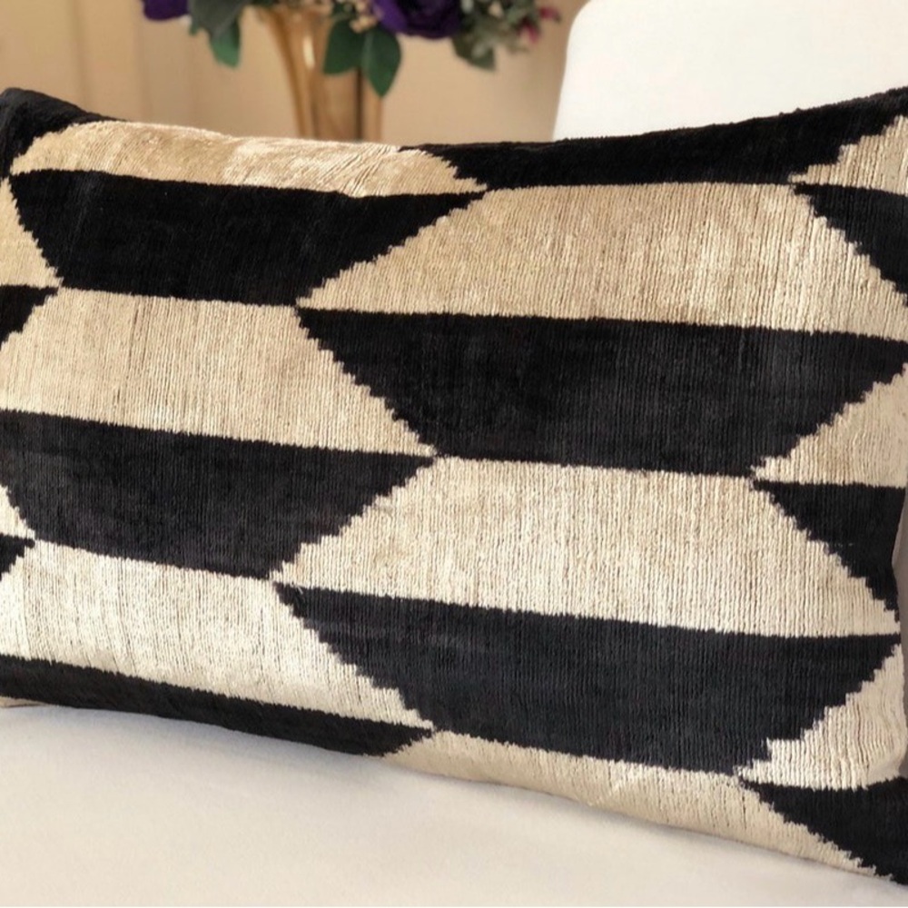 Silk Velvet Black and White Ikat 22” Square Pillow Covers